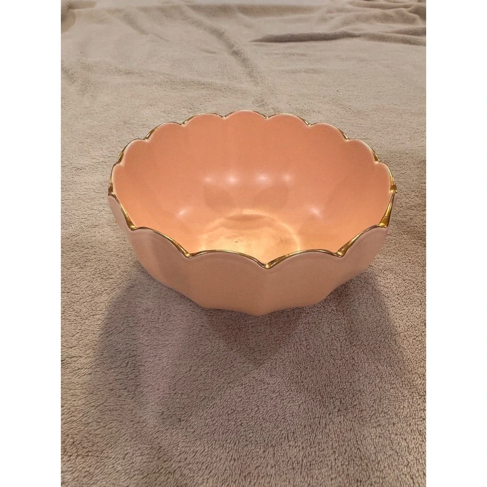 Parisian Pink Blush Scallop Ceramic Bowls Dish Gold Trim Coquette Glam Set of 2